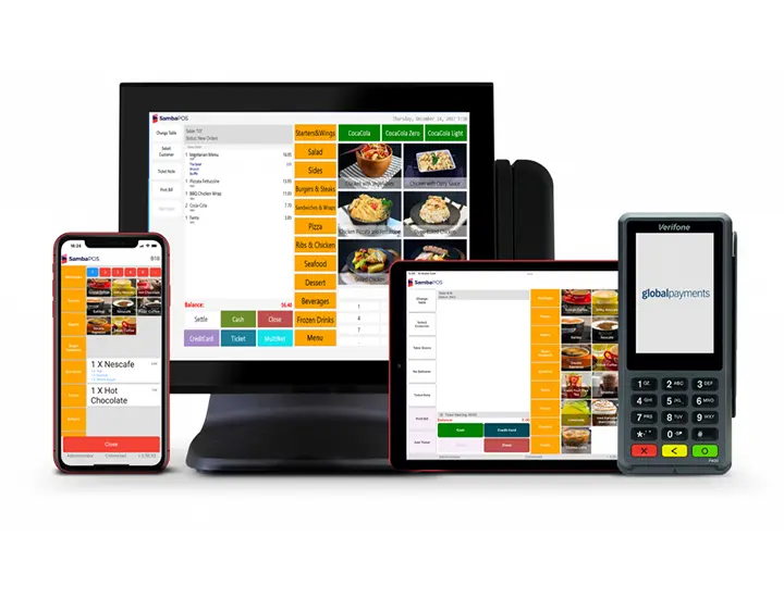 Collection of hospitality POS hardware (terminal, mobile, tablet) running SambaPOS software via POSFlow Solutions.